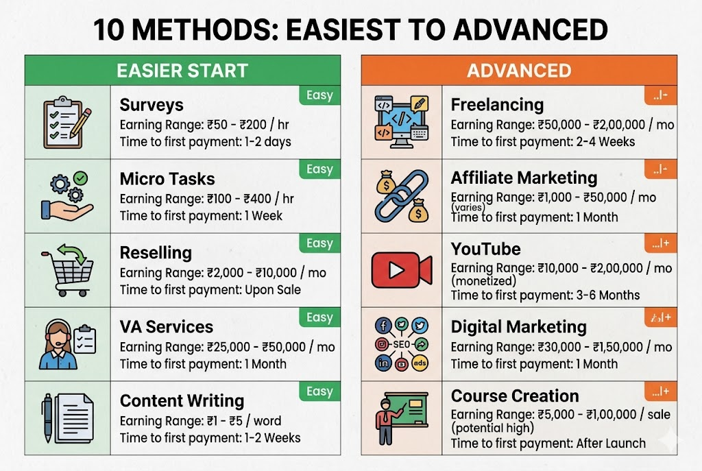 Ten online earning methods ranked from easiest to most advanced with earning potential