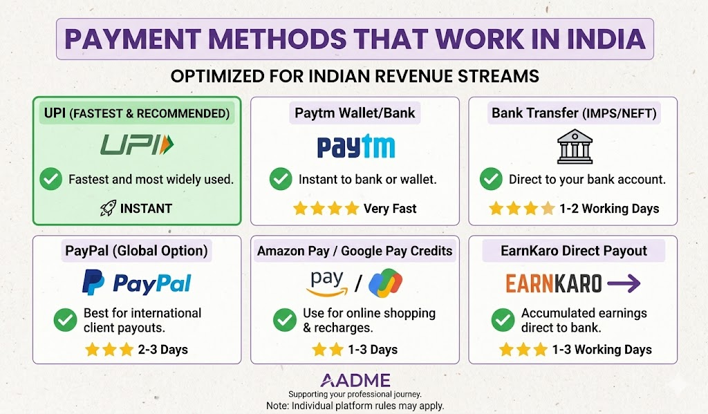 Payment methods for online earnings in India with UPI bank transfer and PayPal options