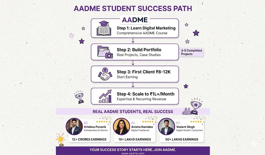 AADME student success stories showing path from learning to high earnings in digital marketing