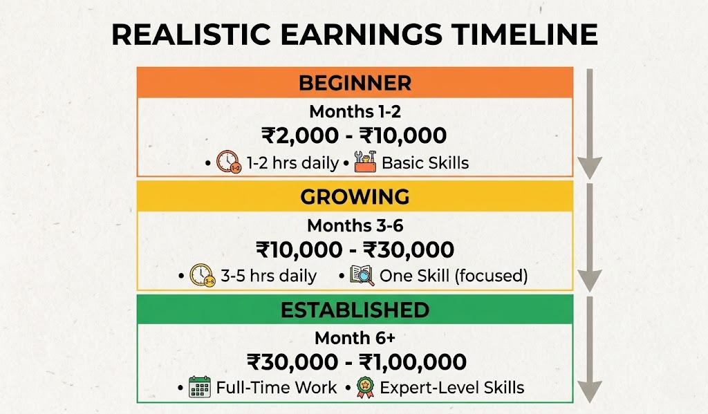 Realistic online earnings timeline for beginners to established earners in India