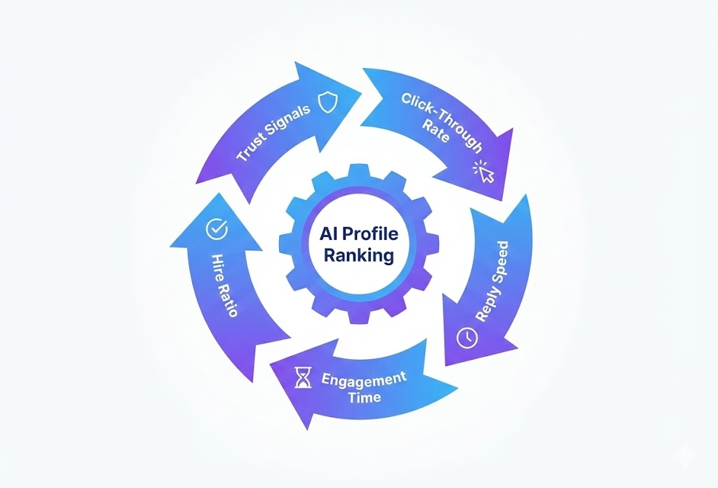 freelance platforms ranking profiles based on AI relevance, engagement, and trust signals