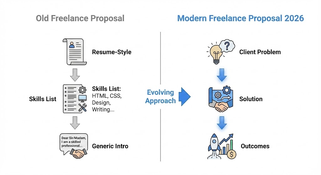 Modern freelance proposal vs old proposal format showing client-focused structure