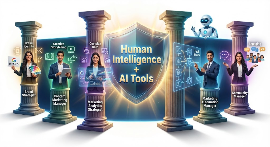 Five digital marketing jobs safe from AI replacement in India 2026 - Brand Strategist, Content Marketing Manager, Analytics Strategist, Automation Manager, Community Manager"