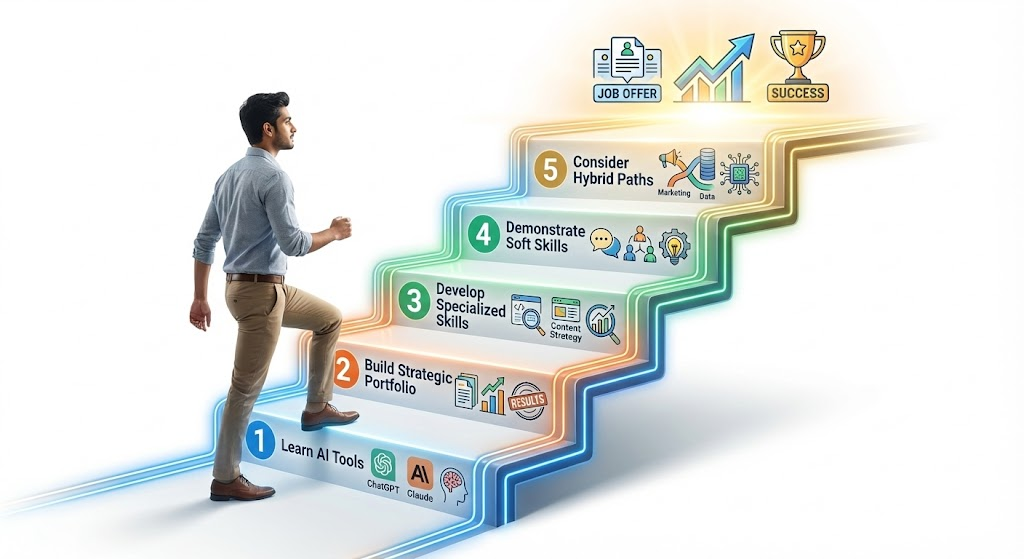 "Five action steps for freshers to secure digital marketing career after AI in India - learn tools, build portfolio, specialize, develop soft skills, hybrid paths"