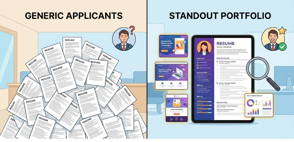 Comparison showing generic digital marketing fresher resumes versus a standout application with a portfolio