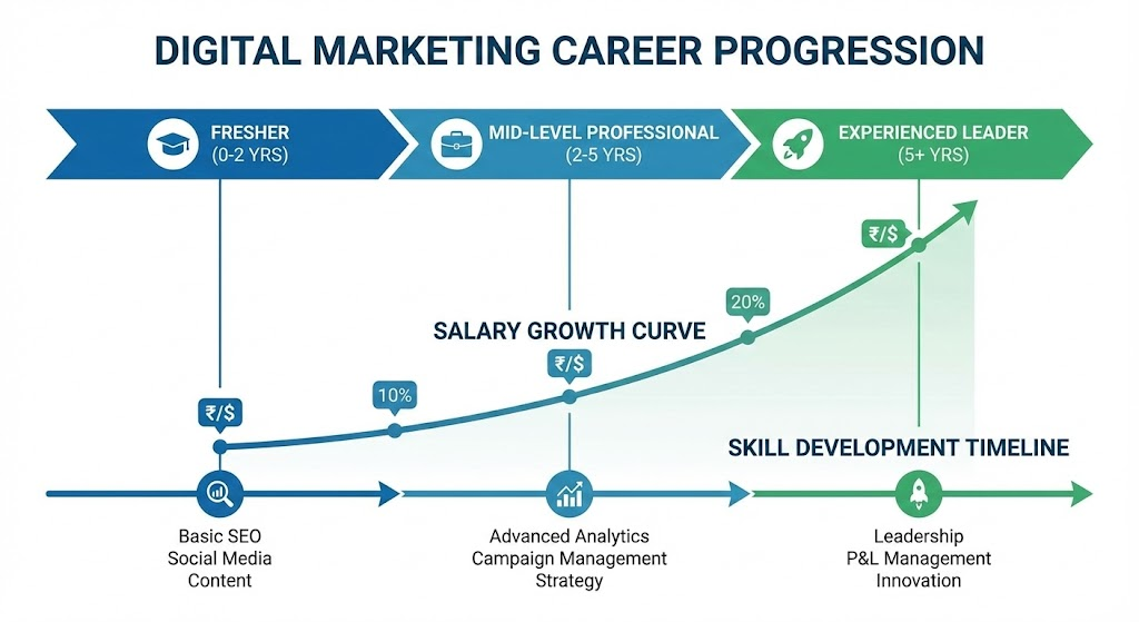 Digital marketing career progression showing realistic salary growth from fresher to experienced level