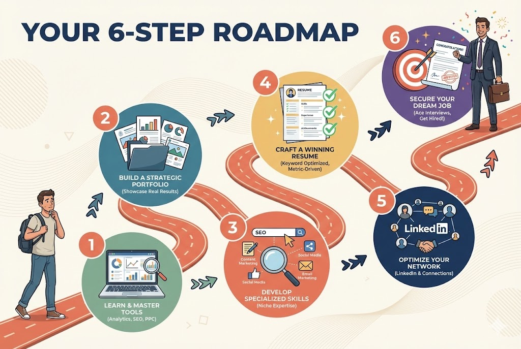 6-step roadmap infographic showing digital marketing freshers' path from building skills to landing jobs