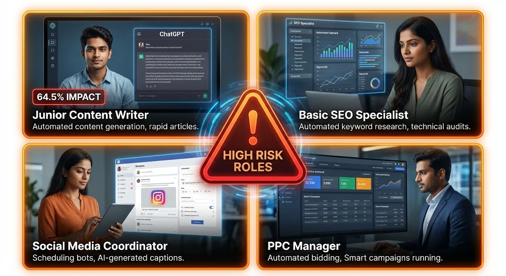 Digital marketing jobs at highest risk from AI in India - junior content writers, basic SEO specialists, social media coordinators, and execution-focused PPC managers"