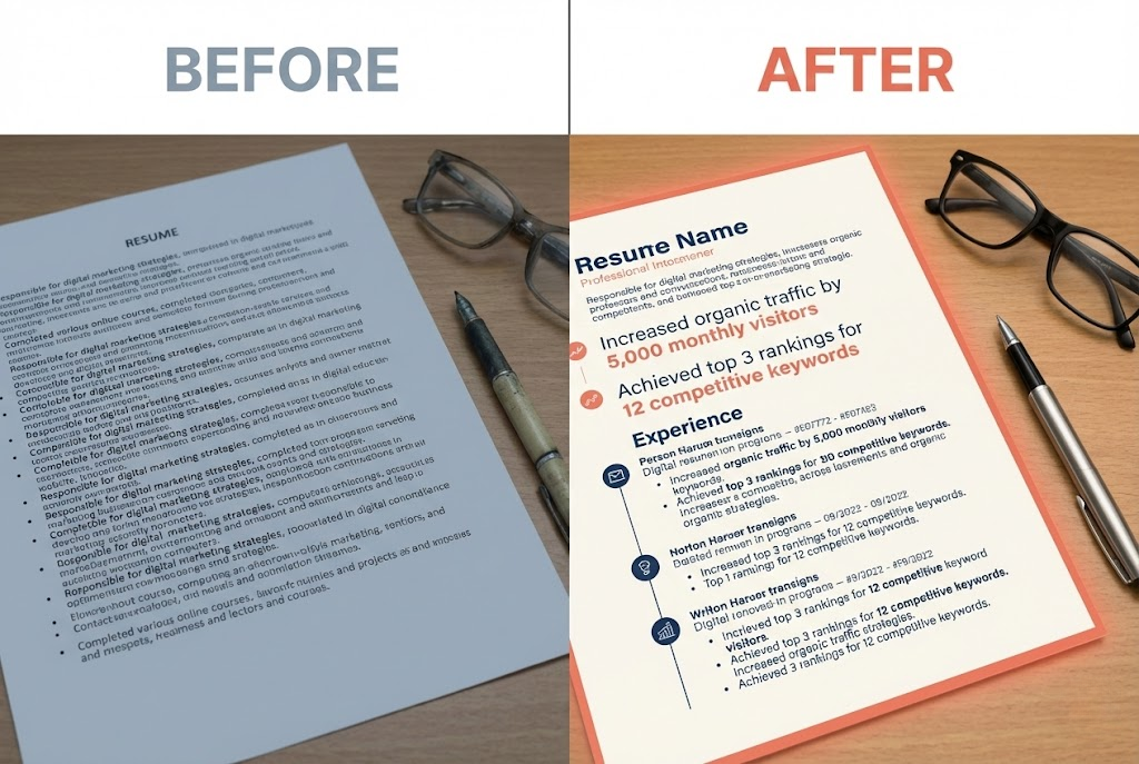 Generic digital marketing resume versus results-driven resume with metrics