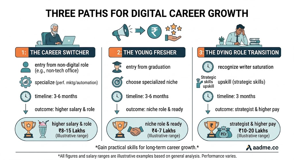 Three career paths showing exactly what to do now depending on whether you're switching careers, a fresher, or in a dying role