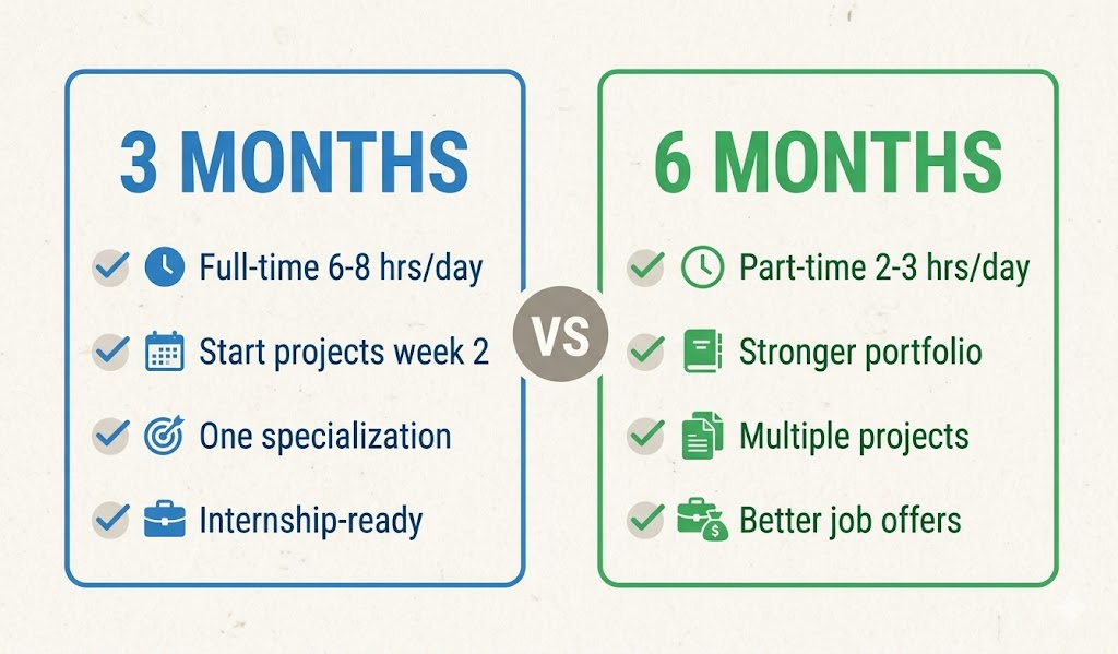 Comparison infographic showing 3 month versus 6 month digital marketing learning paths