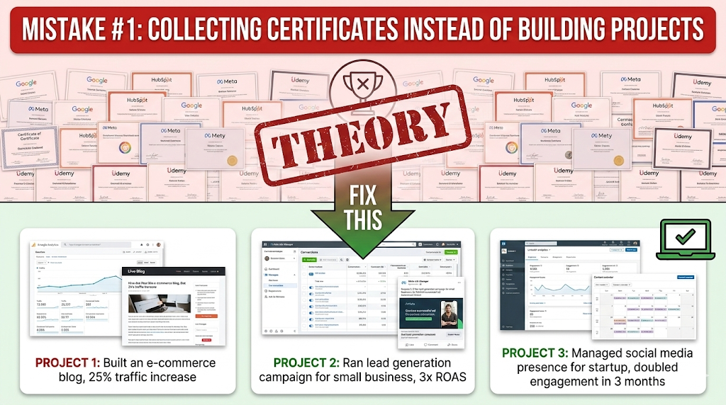 Infographic showing why collecting digital marketing certificates without projects is mistake number one and how to fix it with real portfolio work
