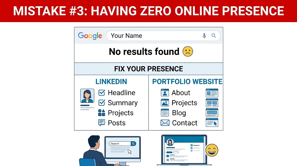  Infographic about building online presence for digital marketing freshers with LinkedIn optimization and portfolio website checklist

