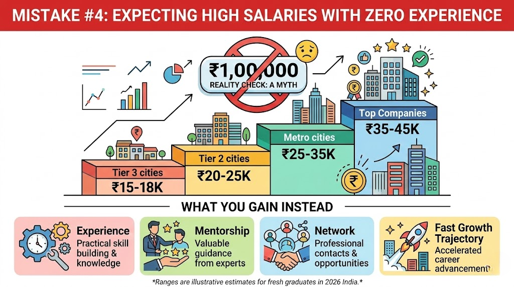 Digital marketing fresher salary expectations infographic showing realistic 2026 pay scales across Indian cities vs common unrealistic myths
