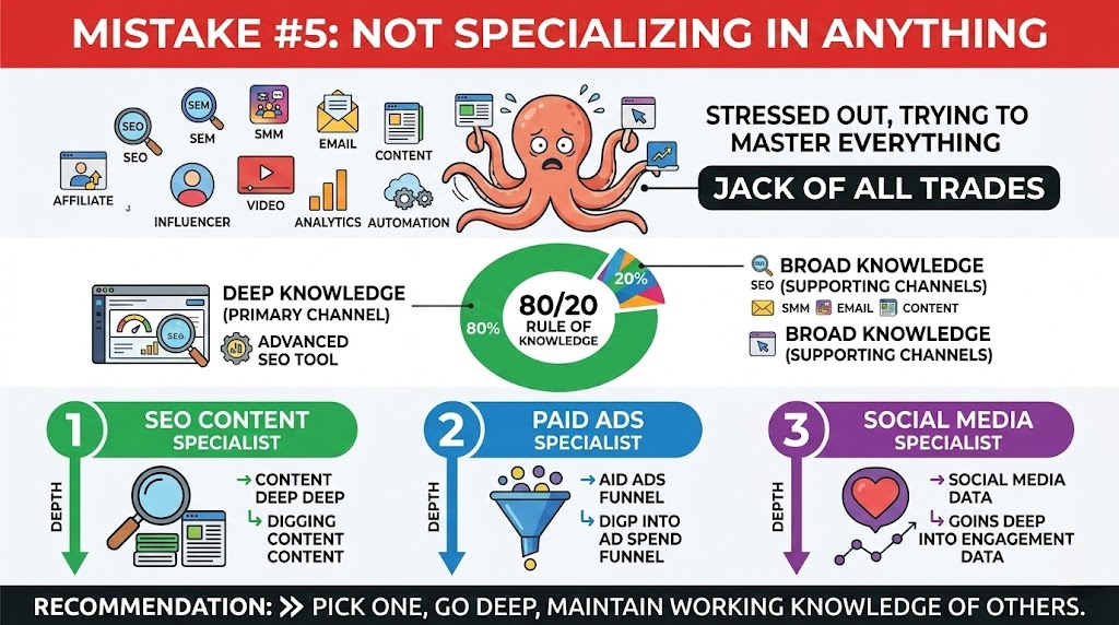 Infographic explaining why digital marketing generalists struggle and how to choose SEO content or paid ads specialization for better job prospects
