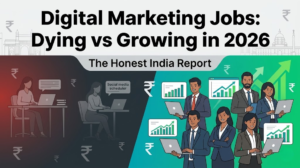 Blog header showing the divide between dying and growing digital marketing jobs in India for 2026 about blog for will AI replace digital marketing jobs in India?
