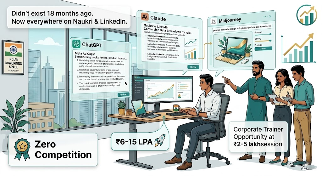 AI prompt strategist working with multiple AI tools, highlighting this new role with zero competition and high demand