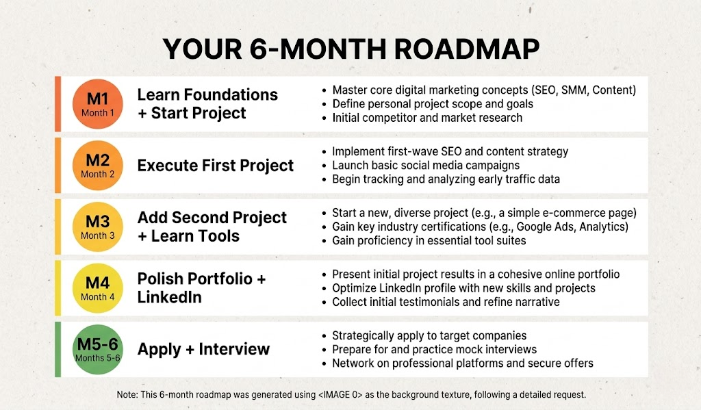 Six month step-by-step timeline infographic for becoming job-ready in digital marketing