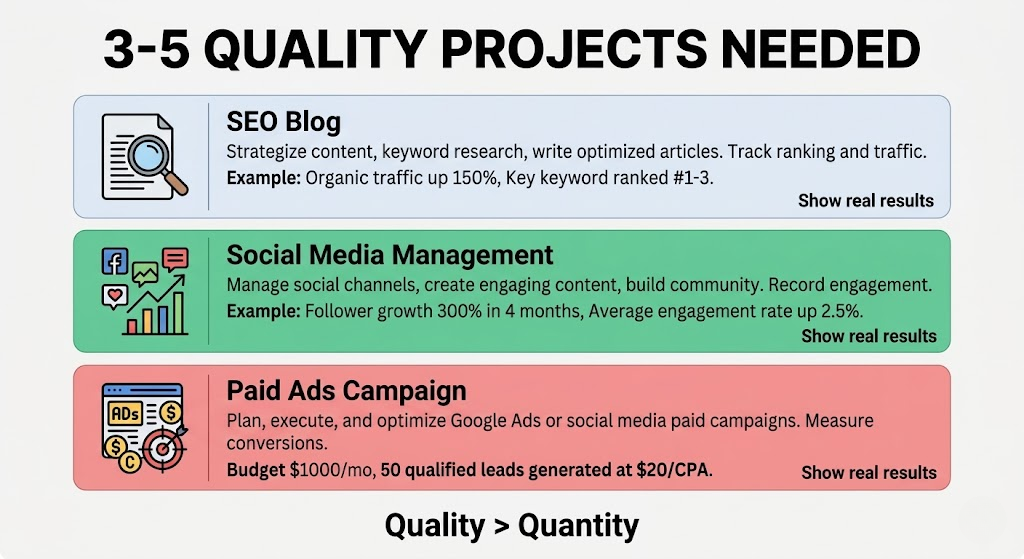 Simple infographic showing three quality portfolio projects needed for digital marketing jobs