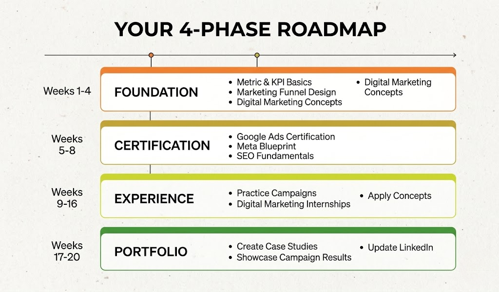 Four phase roadmap infographic showing 20 week journey to become a performance marketer