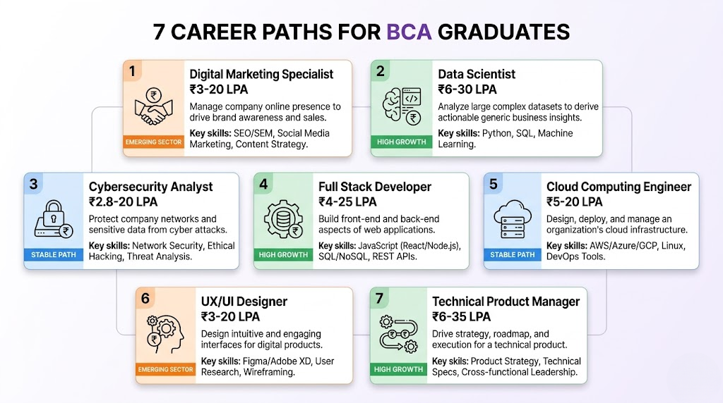 Seven career options for BCA graduates with salary ranges and growth indicators