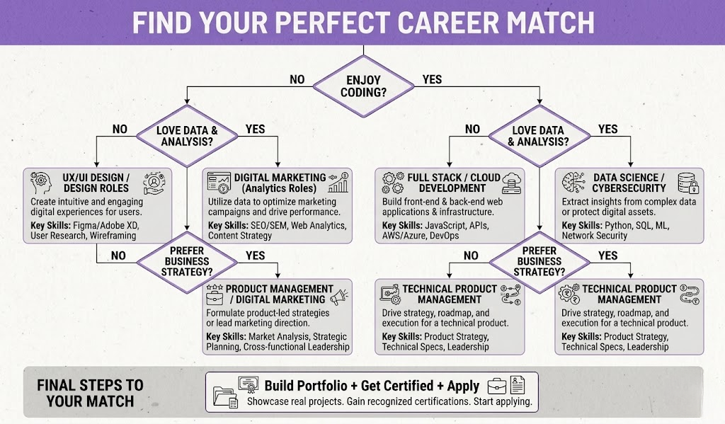 Decision tree infographic to help BCA graduates choose the right career path