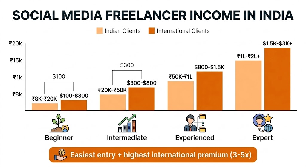 Social media freelancer monthly income breakdown by experience level for Indian and international clients