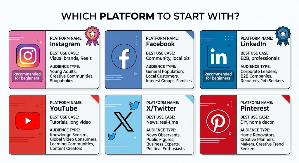Social media platform guide showing which platforms to start with as a beginner marketer
