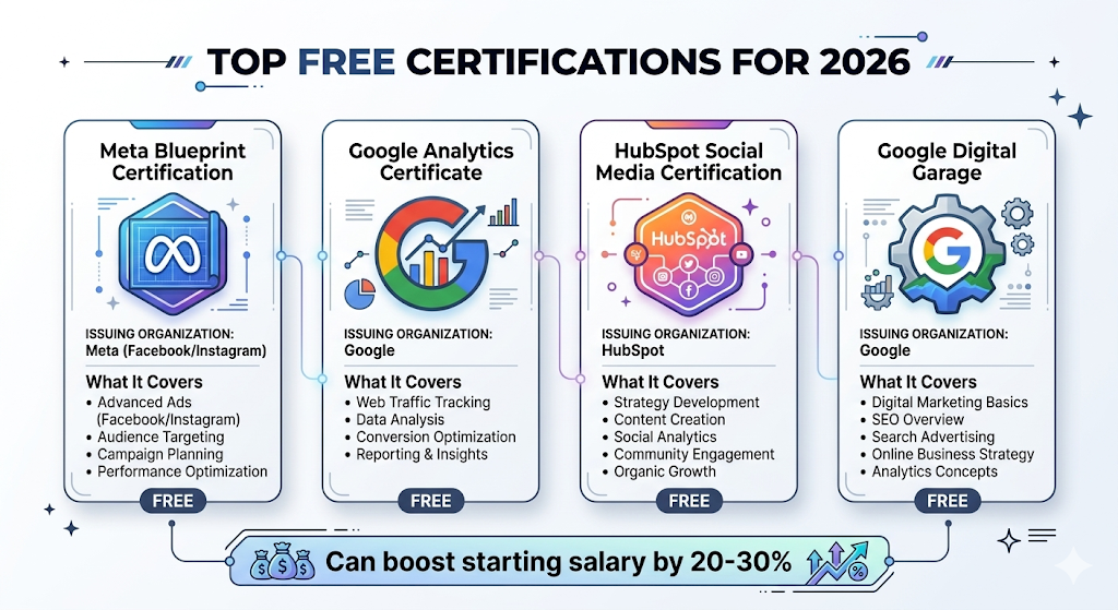 Top free social media marketing certifications that boost starting salary in India