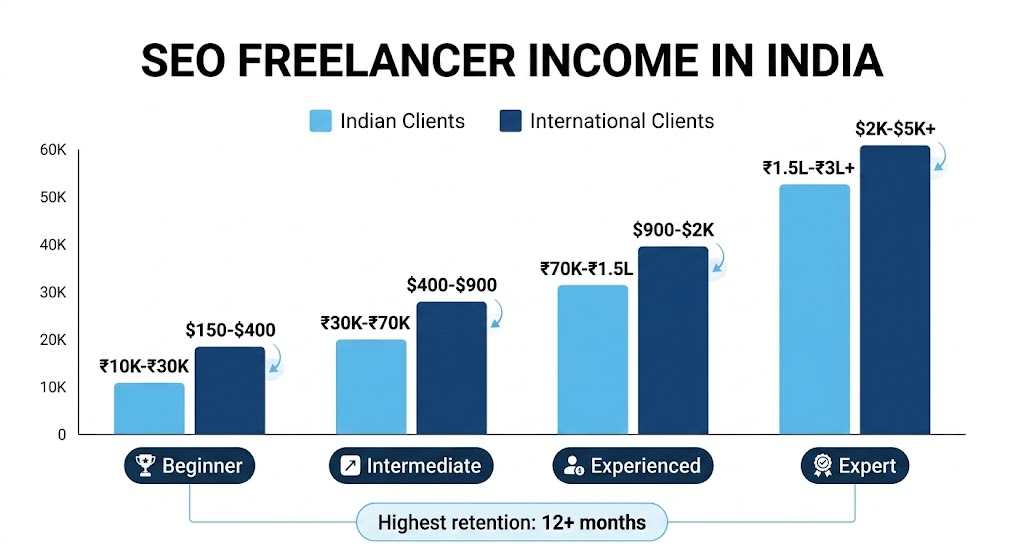 SEO freelancer income breakdown by experience level for Indian and international clients