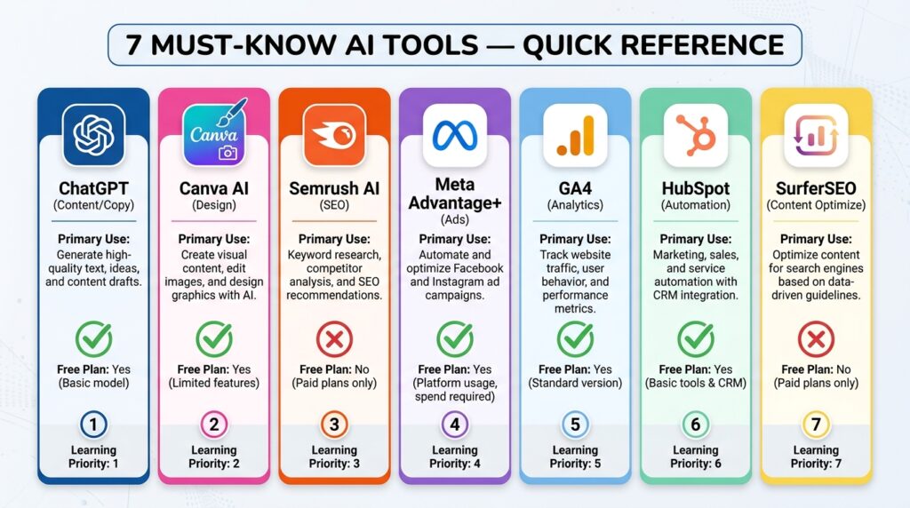 Quick reference guide for 7 essential AI tools for digital marketing freshers