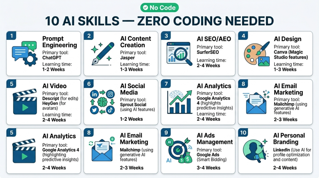 Ten AI skills for digital marketing freshers that require no coding background