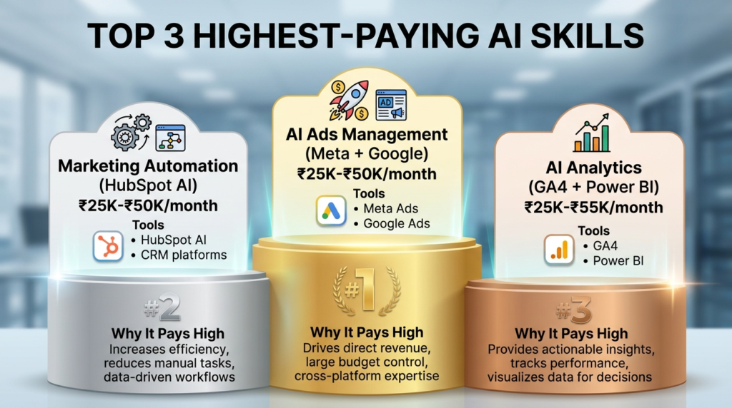 Top three highest-paying AI skills for digital marketing freshers with tools and salary