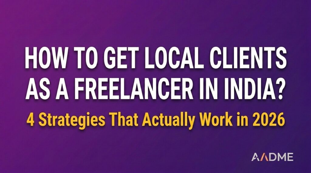 Blog header banner for how to get local clients for freelancing in India 2026 with AADME branding