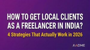 Blog header banner for how to get local clients for freelancing in India 2026 with AADME branding