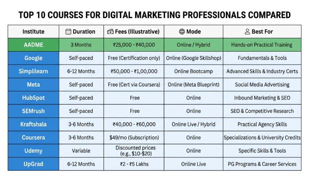 Comparison table of top 10 digital marketing courses for working professionals in India