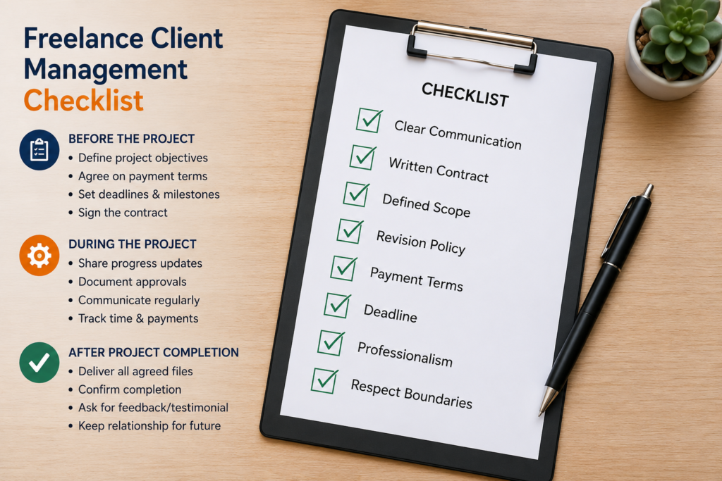 "Freelance Client Management Checklist infographic showing essential steps before, during, and after a project, including clear communication, written contracts, defined scope, payment terms, deadlines, professionalism, and client relationship management."